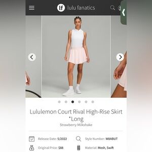 Lululemon Court Rival High-Rise Skirt Size 10 in Strawberry Milkshake